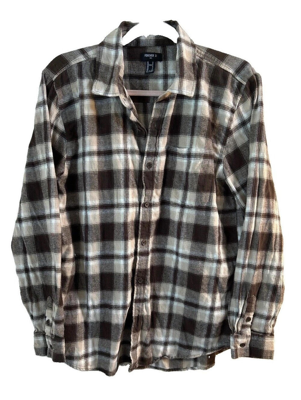 Forever 21 Men Flannel Shirt Small Brown Plaid Button Up Cotton Casual